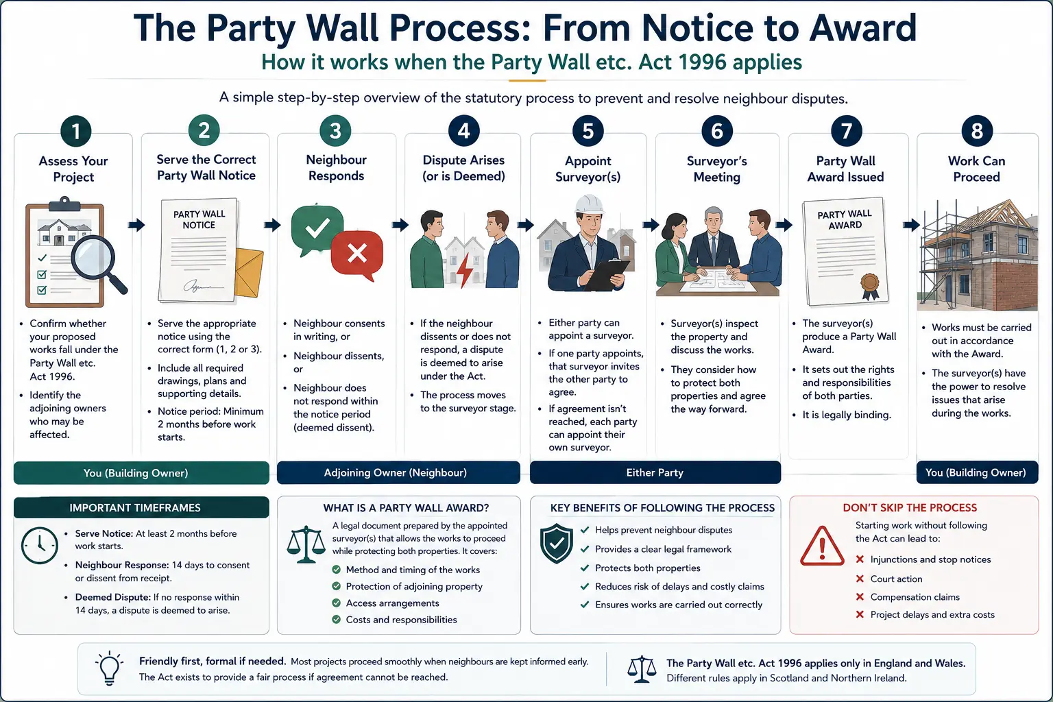 Do I Need a Party Wall Agreement? An infographic showing the party wall process from notice to award in a very interactive way for the citizens living in Epsom, UK