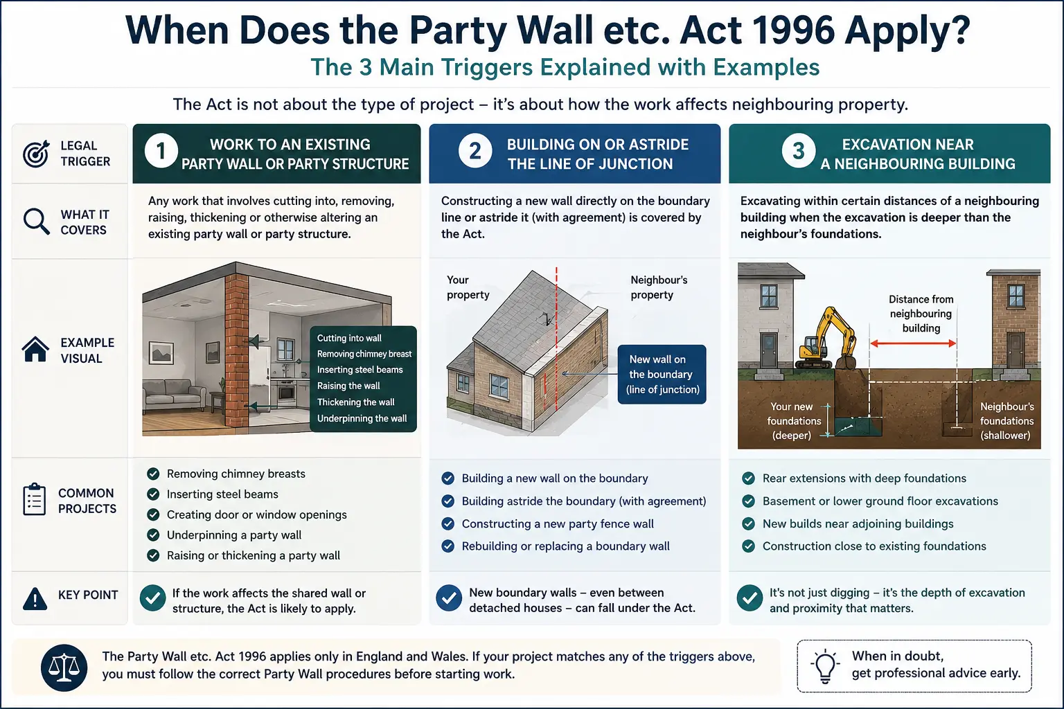 Do I Need a Party Wall Agreement? An infographic showing when does the party wall etc act 1996 apply like excavation, junction, painting, in Epsom, UK